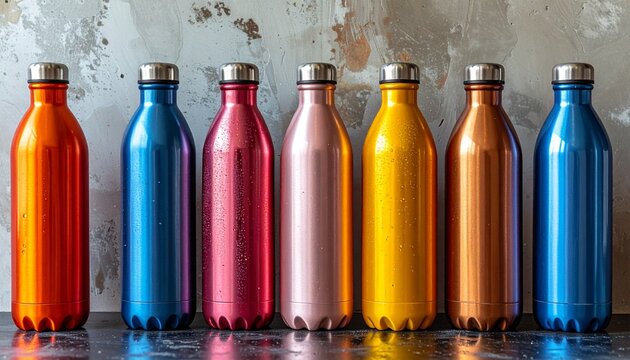 Colorful Stainless Steel Water Bottles Lined Up Against Textured Wall.