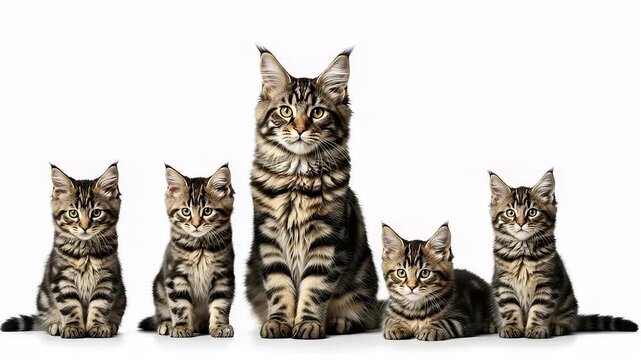 Family of tabby cats sitting together.