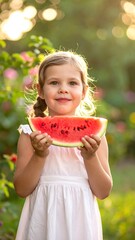 A young girl, lit by the sun, smiles as she holds up a slice of juicy, red watermelon in a garden setting