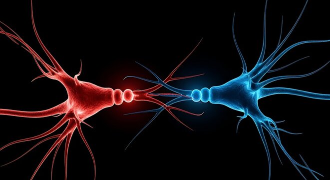 Artistic illustration of two neuron cells, one red and one blue, connecting against a black background