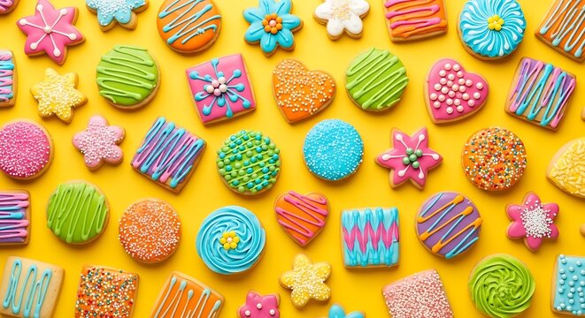 Colorful decorated cookies arranged on yellow surface overhead view