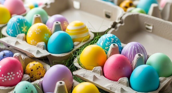 Colorful decorated eggs in cardboard carton for celebration and holiday