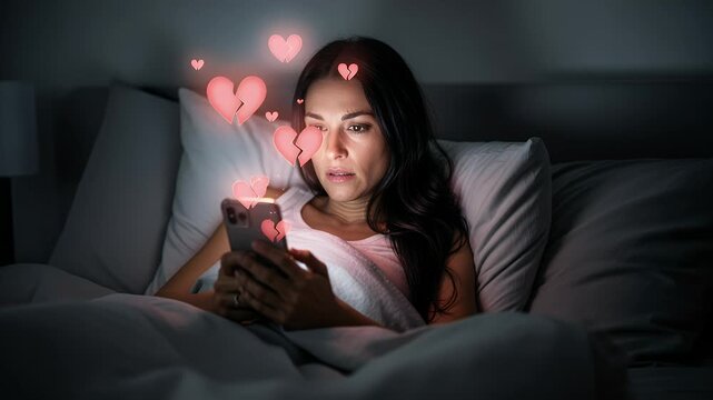 Shocked woman looking at mobile phone screen while lying in bed at night with broken heart emojis floating above her phone - Rejection and breakup in online dating or long distance relationship