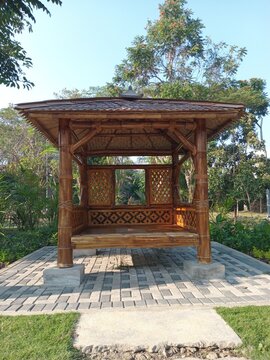 gubug or gazebo. gazebo house made of brown bamboo with a thatched roof. suitable for relaxing and enjoying the outdoors