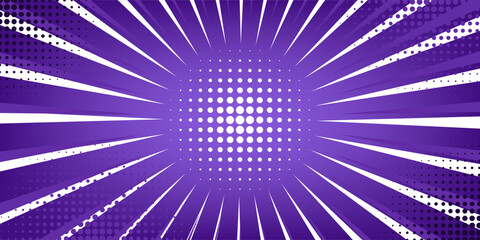 Purple anime explosion background with radial speed lines bursting from bright white center. Comic book halftone dots, dynamic motion effects for manga action scenes, superhero fights or energy blasts