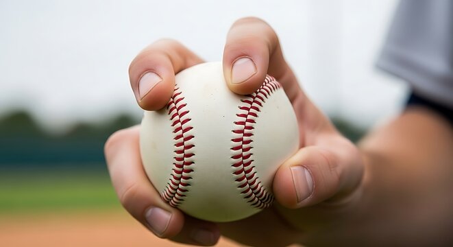 A close-up of hands holding a baseball on a field