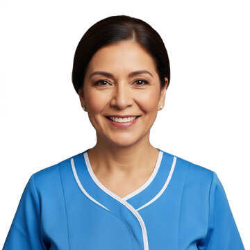 Smiling 59-year-old Hispanic housekeeper in a tidy uniform, isolated on transparent background. Ideal for hospitality, senior care, or cleaning service ads, recruitment, employee recognition,