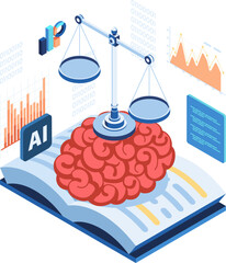 Isometric Brain with Justice Scales on an Open Book