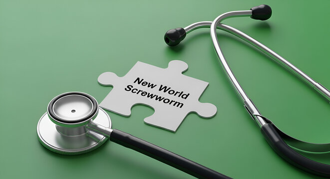 Stethoscope on green background with puzzle piece labeled New World Screwworm, veterinary care, animal disease diagnosis concept