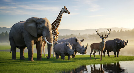 Obraz premium Diverse wildlife gathering on a lush meadow near a serene water body during sunrise with a misty landscape