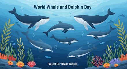 Naklejka premium Vibrant underwater scene with whales and dolphins swimming among coral and seaweed, celebrating World Whale and Dolphin Day