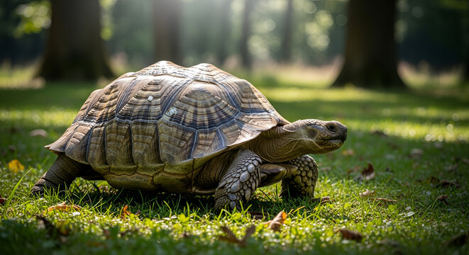 Tortoise walking on a lush, sunny grassy area surrounded by trees.