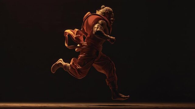 Dramatic silhouette of Hanuman in traditional attire performing a dance or pose with dynamic lighting and dark background  emphasizing strength and devotion
