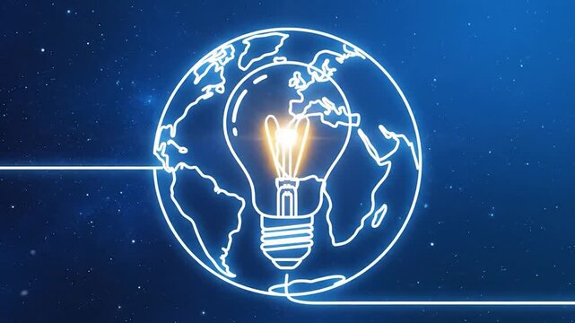 Glowing outline of the world map with a bright light bulb and green leaves