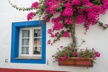 Colorful bougainvillea flowers framing a vibrant blue window on white house wall, showcasing tropical Mediterranean architecture, summer garden charm, and picturesque travel aesthetic.