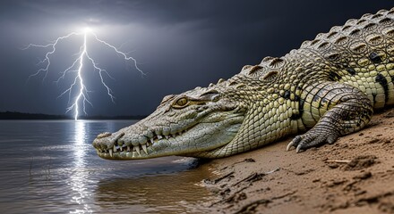 Obraz premium A large crocodile lies on the sandy shore beside a body of water as a lightning storm approaches in the dark sky