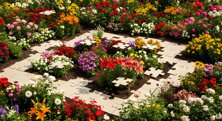 Obraz premium Colorful Flower Garden with Puzzle Pieces in Bright Sunlight