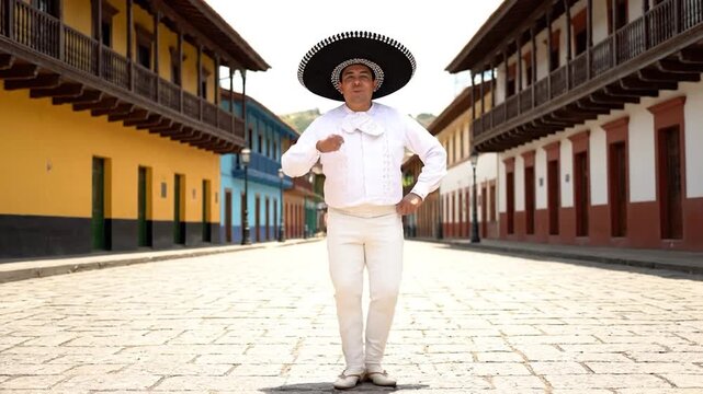Man in traditional Mexican attire dancing in a vibrant colonial street, celebrating culture and heritage.