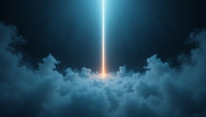 Obraz premium Cinematic vertical beam of light piercing through a dense bed of blue clouds. Ethereal mystical atmosphere with glowing energy. Epic surreal sky background for sci-fi and spiritual concepts.