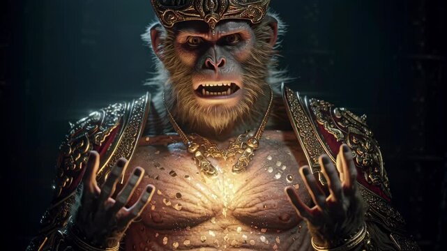 Mythical Monkey King Hanuman Character with Fierce Ornate Armor  and Regal Crown  Depicting Strength and Divinity in Fantasy Artwork