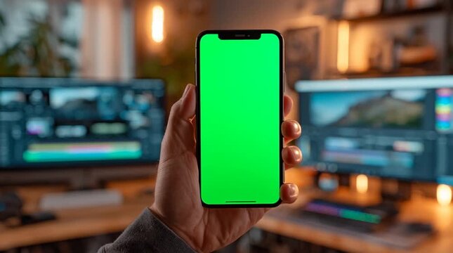 Hyper realistic close up of hand holding smartphone with bright green chroma key screen, focused foreground device, modern video editing office background with dual monitors, shallow depth, commercial