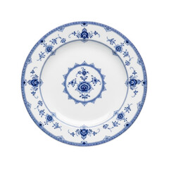 Fototapeta premium A beautifully decorated blue and white porcelain plate with intricate floral designs. isolated on transparent background