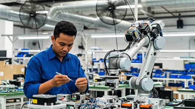 Focused robotics engineer programming and calibrating an industrial robotic arm in a modern smart factory. Professional technician assembling and testing automation equipment in a high-tech manufactur