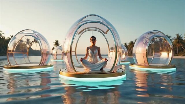 Woman meditates in a glass pod surrounded by water, with a beach in the background