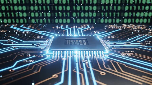 Circuit board with glowing blue lines