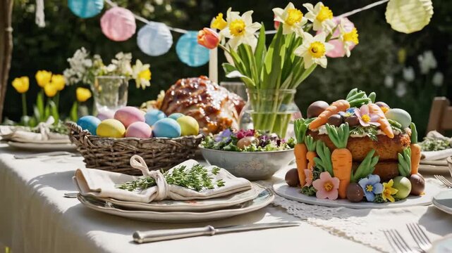 Festive Outdoor Easter Brunch Table Setting with Colorful Decorations and Delicious Food.
