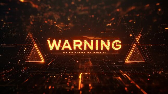 Futuristic animated HUD warning interface with glowing WARNING text, flickering typography, orange and amber alert colors, triangular icons, digital grid depth, scanning lines, sci-fi control panel
