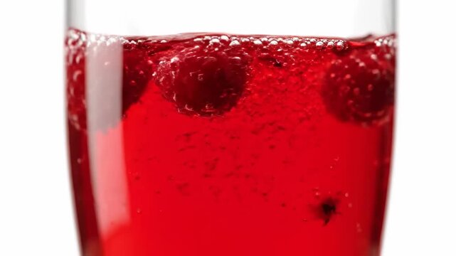 Macro shot of vibrant red fizzy drink being poured into a glass, featuring submerged berries (cherries/raspberries) and showing intense carbonation and effervescence on a white background.