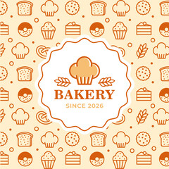 Vintage bakery logo on a patterned background with bread, donuts, cupcakes, and wheat icons in warm orange tones, featuring a central badge with bakery text