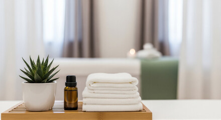 Fototapeta premium Spa and wellness concept with essential oil, succulent, and towels on wooden tray
