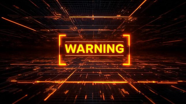Futuristic animated HUD warning interface with glowing WARNING text, flickering typography, orange and amber alert colors, triangular icons, digital grid depth, scanning lines, sci-fi control panel
