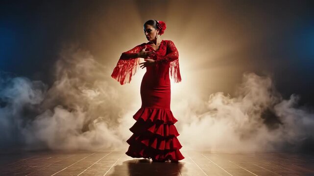 Flamenco Dancer in Red Dress Performing on Stage with Dramatic Smoke and Lighting.