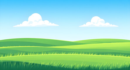 Fototapeta premium cartoon, landscape, field, grass, green, meadow, pasture, plain, countryside, rural, outdoor, scenery, horizon, farmland, sky, blue, clouds, cloudscape, sunshine, sunny, daylight, bright, fresh, cheer