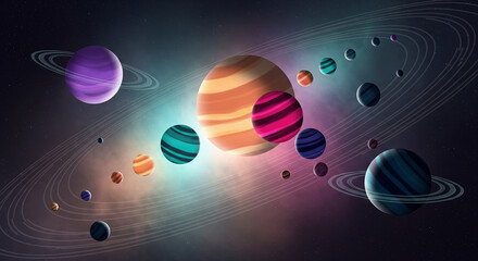 Fototapeta premium A beautiful, whimsical illustration of a colorful solar system with orbiting planets, a perfect artistic concept for space, science, and imagination