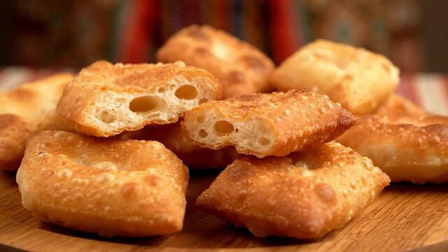 Stack of freshly made, golden brown fried dough (Baursak or Puff Pastry) served warm on a rustic wooden board, showing appetizing airy interior texture.