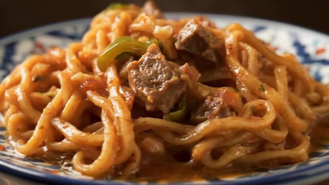 Hearty Handmade Thick Noodles Dish with Meat Chunks and Green Peppers in a Savory Red Sauce Served on a Traditional Patterned Plate, Close-up View of Comfort Food