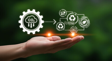 Fototapeta premium Hand holding net zero gear with CO2 reduction and recycling icons