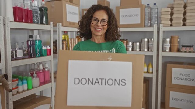 Woman smiling indoors wearing volunteer uniform holding donation box in charity room filled with supplies and boxes for distribution reflecting community help and support spirit.