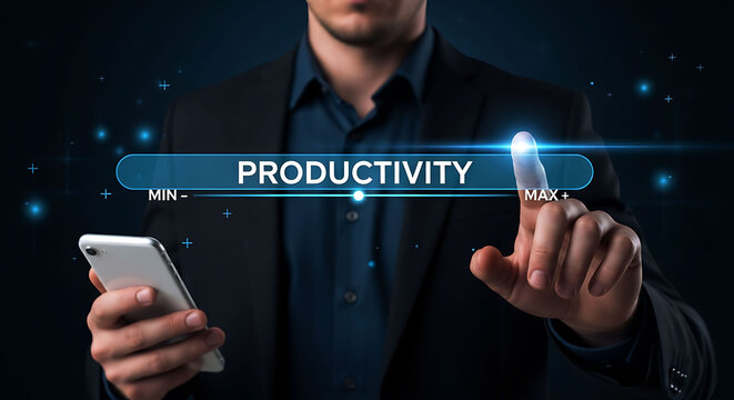 Businessman sliding productivity bar to maximum level on virtual screen