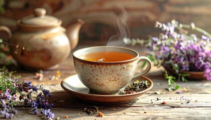 Fototapeta premium Warm herbal tea in a ceramic cup with dried herbs arranged naturally, wooden table background, soft morning light, wellness and relaxation mood, realistic photography, no people