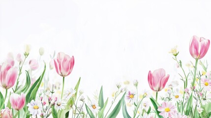 Fototapeta premium Delicate Tulips and Wildflowers on Soft White Background