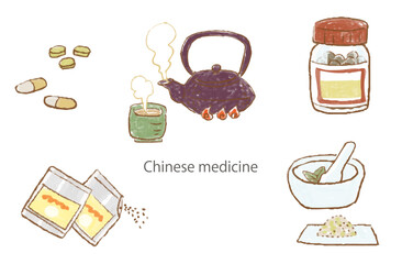 クレヨンで描いた、いろいろな形状の漢方、ベクターイラスト、煎じ薬、顆粒、カプセル、錠剤