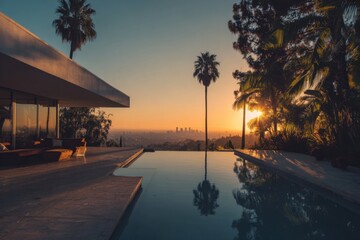 Sunset view over Los Angeles from a modern house with a pool and palm trees in the foreground, capturing evening light and city skyline at dusk