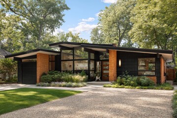 A contemporary house featuring expansive windows and lush greenery in its yard, nestled in a tranquil suburban neighborhood under a bright, sunny sky