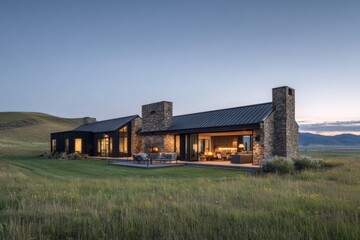 Modern house sits in the open field during evening hours with soft light glowing through large windows and mountains visible in the background