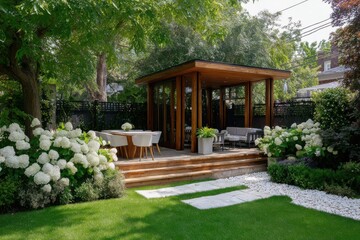 Experience a vibrant garden area featuring a contemporary design, complete with a cozy seating space perfect for outdoor dining and relaxation on a sunny day